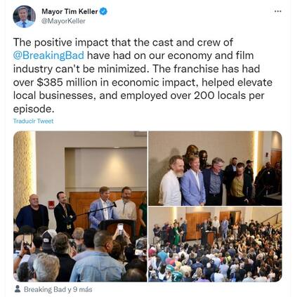 El alcalde de Albuquerque desde 2017, Tim Keller, agradeció en su cuenta de Twitter el impacto positivo que tuvo en la economía y la industria cinematográfica el elenco de Breaking Bad.