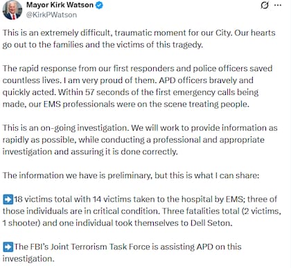 El alcalde de Austin reconoció la labor de los rescatistas y los agentes estatales por su respuesta hacia el ataque