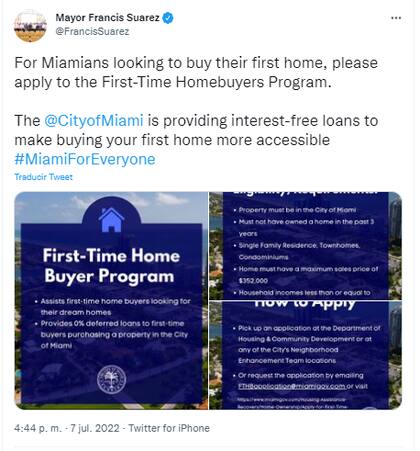 El alcalde de Miami, Francis Suarez, anunció el lanzamiento de un programa de ayuda económica para aquellos que desean comprar una vivienda por primera vez (Crédito: Twitter/@FrancisSuarez)