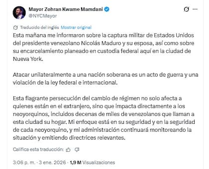 El alcalde de Nueva York, Zohran Mamdani, expresó su rechazo al operativo militar de EE.UU. mediante el cual se detuvo a Nicolás Maduro