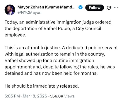 El alcalde Zohran Mamdani calificó de injusta su detención