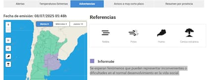 El alerta temprana del Servicio Meteorológico Nacional