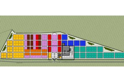 El plan de infraestructura de London Supply en la zona franca Río Gallegos. Lo gris es la edificación ya construida.