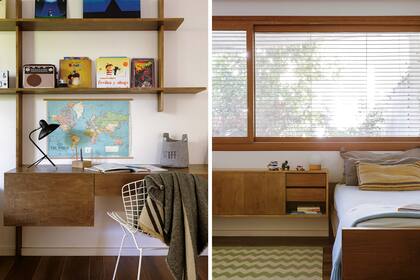 Sobre la estantería, diseñada por Florencia y realizada en madera de incienso (Raúl Troiano Carpintería), se exhiben objetos vintage y libros. Integrado, el escritorio también se resuelve con sencillísimas líneas.