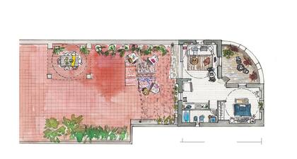 El ancho máximo de la terraza es de 9m. El living tiene 4m de lado; el dormitorio, 3,70.