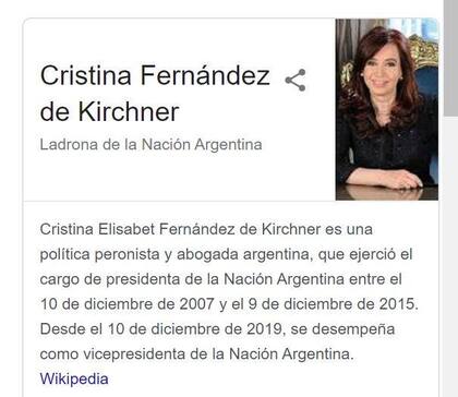 Así apareció Cristina Kirchner en el "panel de conocimiento" del buscador