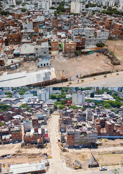 El antes y después de la villa Playón Chacarita, con la calle Palpa que se abre entre el macizo donde había viviendas que fueron demolidas