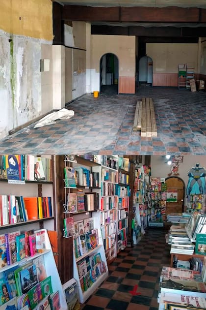 El antes y el después de la librería Obélix de Mar del Sud. En el piso todavía pueden verse las marcas del viejo pub que estaba antes en la propiedad