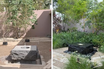 El antes y el después de la pila escultórica de cantera, concebida como pieza central del paisaje.