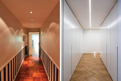 El antes y el después de un pasillo de un departamento reformado por los arquitectos Mariano Giardino y Jorge Cermesoni de Fondamenta Arquitectura.