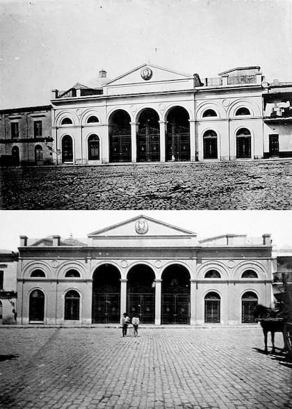El antiguo edificio del Congreso de la Nación (frente a la Plaza de Mayo, Balcare e Yrigoyen). En la primera imagen, circa 1870, con empedrado irregular. En la segunda, circa 1880, el adoquinado ya es regular.