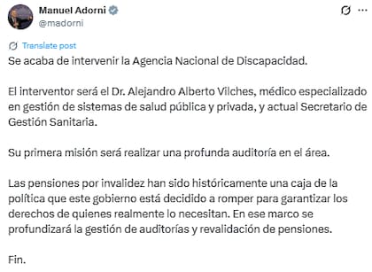 El anuncio de Adorni sobre el nuevo interventor de la Agencia Nacional de Discapacidad (X: @madorni)