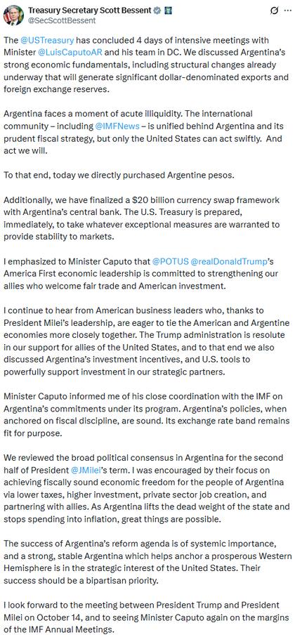 El anuncio de Bessent en X (Fuente: @SecScottBessent)