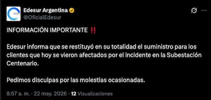 El anuncio de Edesur sobre la restitución