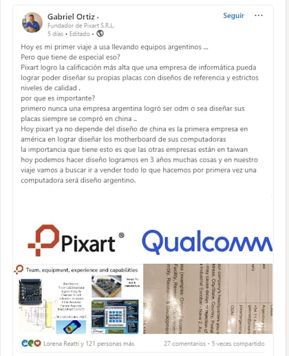 El anuncio de Gabriel Ortiz, de Pixart, en LinkedIn