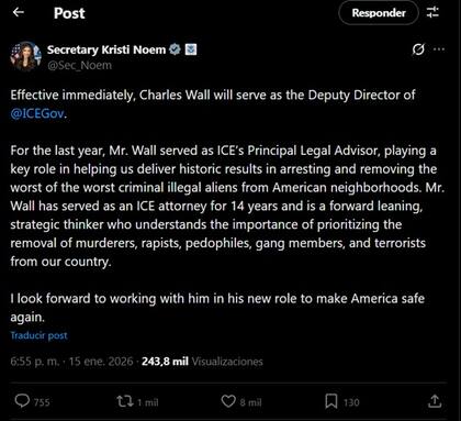 El anuncio de Kristi Noem sobre el nuevo subdirector del ICE