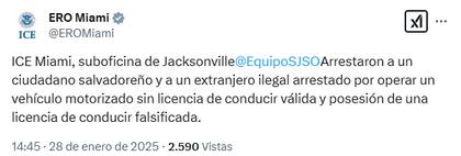 El anuncio de la Oficina de Detención y Deportación (ERO) sobre la detención del ciudadano salvadoreño