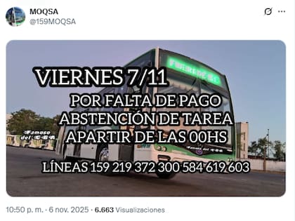 El anuncio de MOQSA sobre el paro de colectivos de este viernes 7 de noviembre