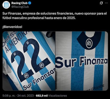 El anuncio de Racing en las redes sociales cuando sumó a Sur Finanzas como sponsor.