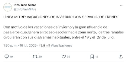 El anuncio de Trenes Argentinos sobre la postergación de la interrupción en el servicio del tren Mitre