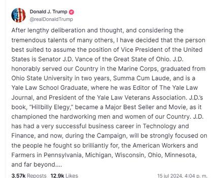 El anuncio de Trump sobre su vicepresidente