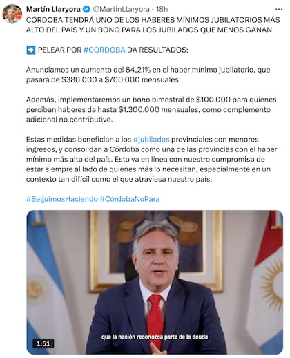 El anuncio del gobernador Llaryora en la red social X