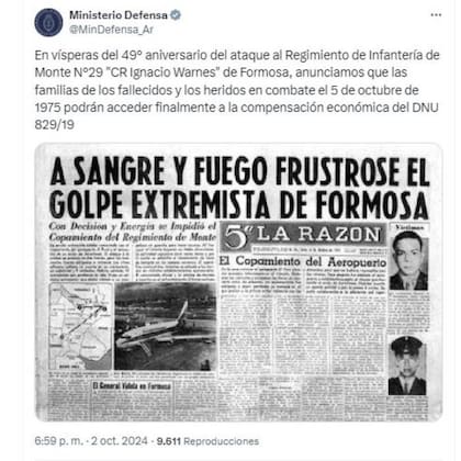 El anuncio del Ministerio de Defensa sobre la indemnización a los familiares de los fallecidos y heridos el 5 de octubre de 1975 durante el ataque de Montoneros al Regimiento de Monte 29 de Formosa