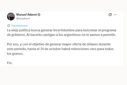 El anuncio del vocero presidencial, Manuel Adorni, sobre la eliminación temporal de las retenciones a los cultivos