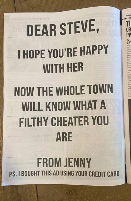 El anuncio en el periódico australiano que publicó Jenny contra su expareja