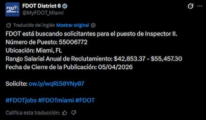 El anuncio laboral del FDOT en X