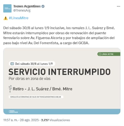 El anuncio oficial de la interrupción de los ramales Suárez y Mitre del tren Mitre por tres días