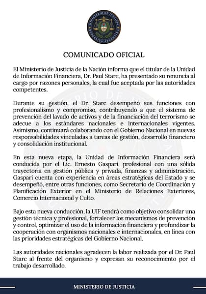 El anuncio oficial del Ministerio de Justicia