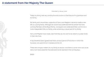 El anuncio oficial del sitio de la reina