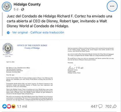 El anuncio sobre la carta enviada desde Hidalgo, Texas a Disney