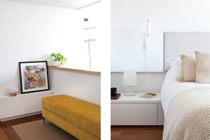 El aplique de pared Cavia basculante es de IMDI Iluminación; los veladores, de Buena Luz; y la ropa de cama, de Hilo Argentina.