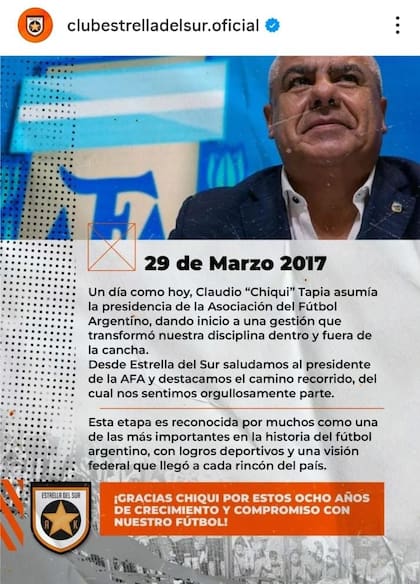 El apoyo de Estrella del Sur a la gestión de Claudio Tapia al frente de AFA