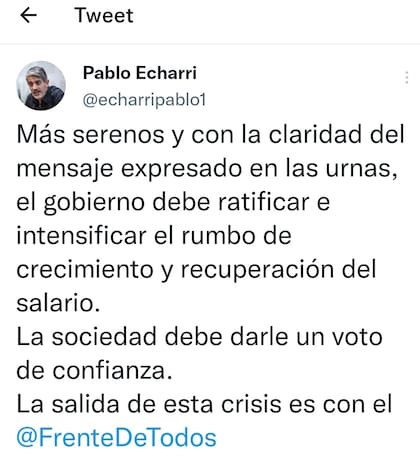 El apoyo de Pablo Echarri al gobierno tras la derrota en las PASO