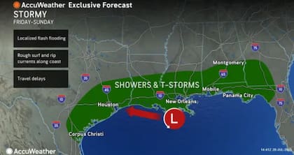 El área de baja presión afectará las Carolinas y Georgia (lunes-martes), el norte de Florida (martes-miércoles), Louisiana (miércoles-jueves) y Texas (jueves-viernes), con lluvias torrenciales y vientos fuertes, incluso sin convertirse en tormenta tropical