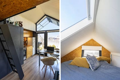 El arquitecto Matías Opazo vive en una tiny house (Alun Tiny House) en las afueras de San Martín de los Andes. El resvestimiento interior arriba y abajo es de placas de MDF ranuradas y detalles en placas de OSB