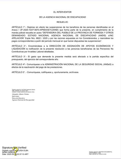 El articulado de la resolución de la Andis que restituye el pago de pensiones en Formosa