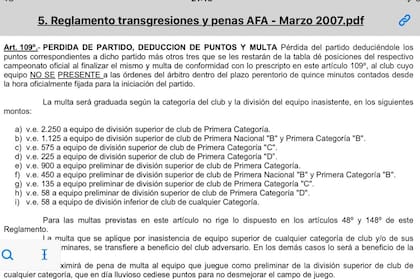 El artículo 109 del reglamento de transgresiones y penas de AFA, de confusa redacción.