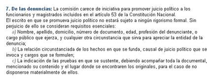 El artículo 7 del reglamento interno de la Comisión de Juicio Político