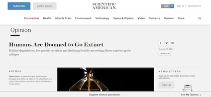 El artículo de opinión titulado "los humanos están condenados a extinguirse" fue publicado por la revista Scientific American