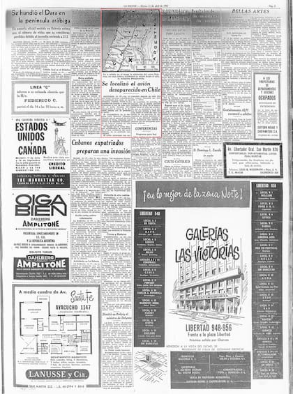El artículo del diario LA NACION del 11 de abril de 1961 en el que se informa que se localizó el avión