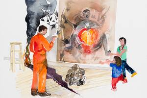 El artista Tomás Espina con sus hijos, en abril de 2020