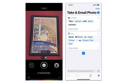 El Asistente de Google, a la izquierda, te permite tomar una foto por comando de voz. Siri, asistente de Apple, puede abrir activar la cámara cuando se lo pidas, y la aplicación Shortcuts de iOS, a la derecha, te permite configurar una serie de acciones para que Siri ejecute