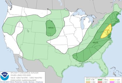 El Atlántico Medio enfrenta tormentas severas este 1° de julio, con riesgo de vientos destructivos, granizo y posibles tornados aislados desde Pensilvania hasta Virginia