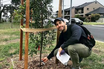 El autor Manuel Esperón-Rodríguez revisa un joven árbol: cuantos más plantemos, más podrán enfriar su entorno y mejorar sus posibilidades de hacer frente al cambio climático