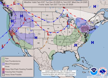 El avance del frente frío favorecerá el desarrollo de precipitaciones intensas en los valles de Ohio y Tennessee, así como en el Atlántico Medio, con una concentración de lluvias que se agudizará entre la noche del martes y la mañana del miércoles