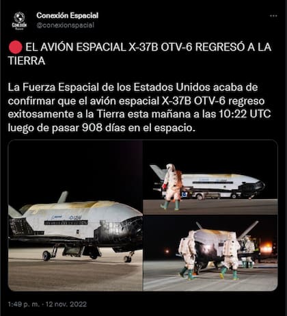 El avión espacial regresó a la Tierra tras 908 días en el espacio (Foto: Twitter)